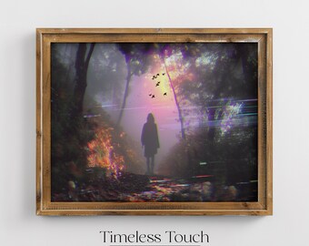 Glitch Art Digital Print | Mysterious Forest Wall Decor | Unique Vintage Inspired Art