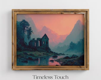 Vintage Sunset Mountain Ruins Landscape Digital Wall Art Print
