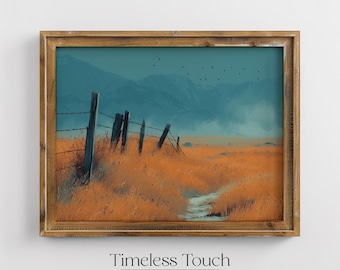 Vintage Barbed Fenced Field Landscape Digital Wall Art Rustic Field Printable Decor