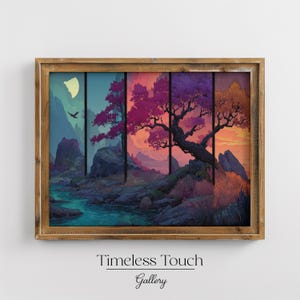 May include: A framed landscape art print featuring a serene mountain scene with a river and trees. The artwork is divided into vertical panels, showcasing a progression of colors from dawn to dusk. The text "Timeless Touch Gallery" is at the bottom.