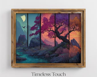 Japanese Landscape Digital Art Print | Sunset Dynamic Perspective Wall Decor | Vintage Printable Art