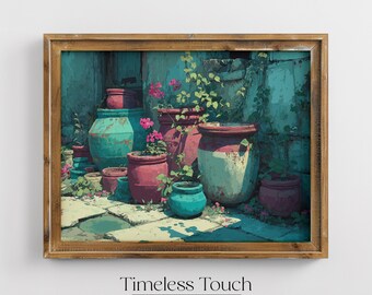 Vintage Garden Pots Digital Wall Art Vibrant Floral Home Decor Print