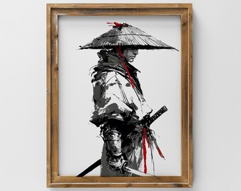 Samurai Warrior Ink Art Print Vintage Style Digital Wall Decor