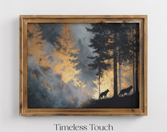 Vintage Forest Wolves Digital Art Mystical Woodland Wall Decor Print