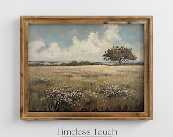Vintage Oak Tree Landscape Painting: Rustic Farmhouse Wall Art (Digital Download)
