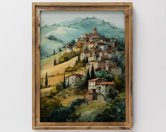 Könnte beinhalten: Gerahmtes Aquarellgemälde eines Bergdorfes mit Gebäuden und roten Ziegeldächern. Das Kunstwerk verwendet eine weiche Farbpalette aus Grün, Gelb und Blau. Der Text "Timeless Touch Gallery" ist unten sichtbar.