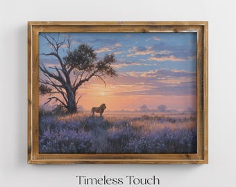 Vintage Sunrise Lion Digital Art Retro Wildlife Wall Decor Print