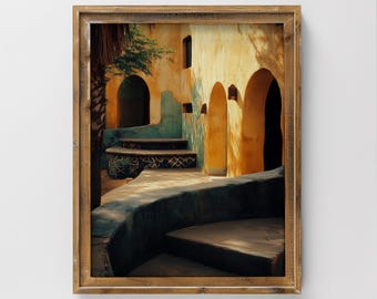 Könnte beinhalten: Ein gerahmter Druck einer architektonischen Szene mit warmer Farbpalette. Das Bild zeigt ein Gebäude mit gewölbten Türen, Treppen und einem Innenhof. Die Wände sind in Gelb- und Orangetönen mit türkisfarbenen Akzenten gestrichen. Der Druck trägt die Aufschrift "Timeless Touch Gallery".