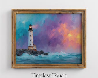Vintage Lighthouse Ocean Sunset Digital Wall Art Pastel Home Decor Print