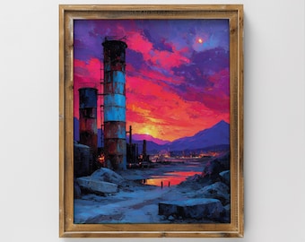 Industrial Sunset Vintage Digital Art Print for Home Decor