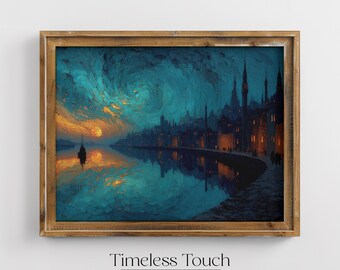 Vintage Starry Night Ocean Cityscape Digital Wall Art Print
