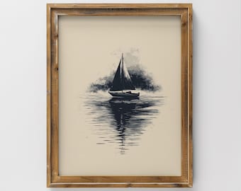 May include: A framed print featuring a sailboat on water. The artwork is in shades of black and white, with the boat and its reflection visible. The frame is made of wood. The text "Timeless Touch Gallery" is at the bottom.