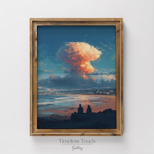 May include: A framed art print depicts a coastal scene with a vibrant sunset. The sky transitions from deep blue to orange, with a large cloud formation. Two figures sit on a rock, overlooking the beach and ocean. The frame is made of wood, and the text "Timeless Touch Gallery" is at the bottom.