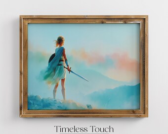 Vintage Kriegerin | Schwert und Schild | Landschaft Kunst Digital Download Fantasy-Wand-Dekor