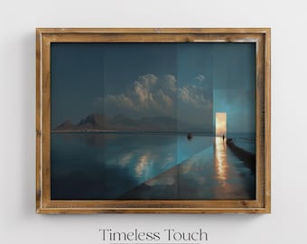 Impresión de pared con paisaje surrealista, arte digital, estilo vintage, atardecer