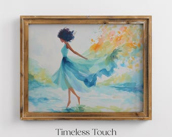 Watercolor Woman in Elegant Flowing Dress Digital Wall Art Print