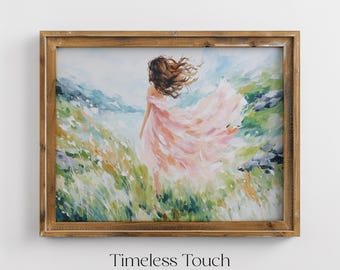 Breezy Landscape with Woman in Pink Dress Impressionist Digital Print