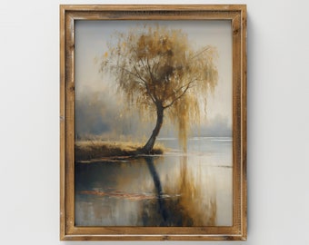 Vintage Willow Tree Painting: Rustic Nature Art Print (Digital Download)
