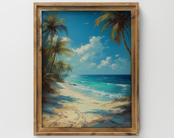 Tropical Beach Side, Vintage Painting PRINTABLE Art | Housewarming Gift, Living Room Art, Digital Download - Rustic Wall Art