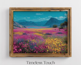 Vibrant Wildflowers Landscape Vintage Digital Art Print Wall Decor