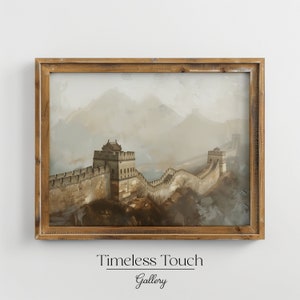 May include: A framed painting of the Great Wall of China, with a mountain range in the background. The wall is made of stone and has a watchtower at the top. The painting is in a rustic wooden frame.