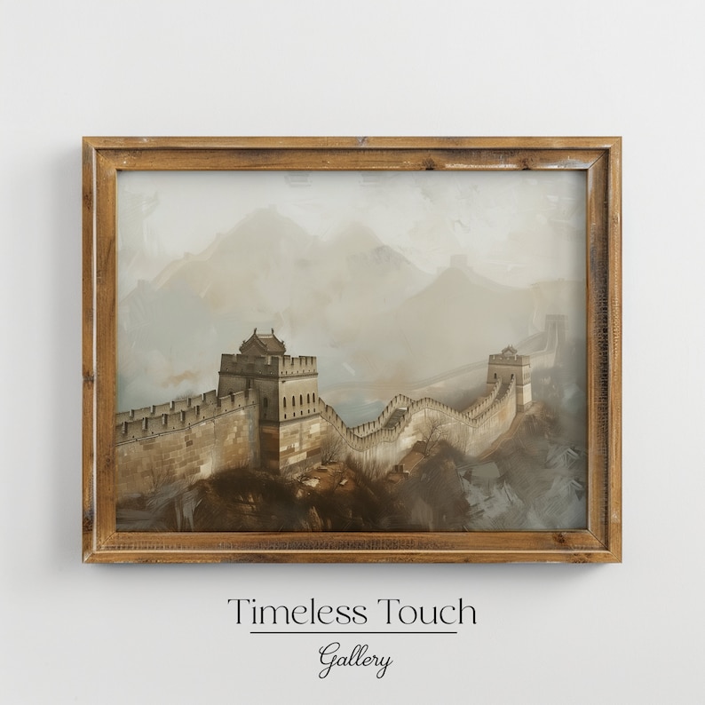 May include: A framed painting of the Great Wall of China, with a mountain range in the background. The wall is made of stone and has a watchtower at the top. The painting is in a rustic wooden frame.