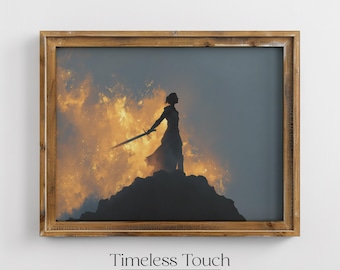 Epic Female Warrior Silhouette Digital Art Print Vintage Style