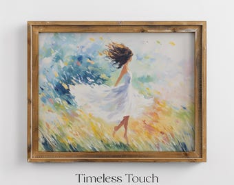 Whimsical Breeze Woman | Flowing White Dress| Impressionist Digital Art Print