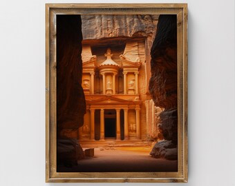 Puede incluir: Impresión enmarcada del Tesoro de Petra, Jordania, tallado en acantilados de arenisca. La imagen está enmarcada en un marco de madera rústico. La impresión presenta tonos cálidos de naranja, marrón y beige, con el texto "Timeless Touch Gallery" en la parte inferior.