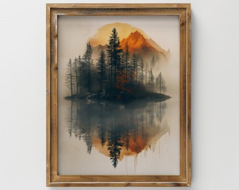 Misty lake and Mountains, Vintage Painting PRINTABLE Art | Housewarming Gift, River Art, Living Room Art, Digital Download - Rustic Wall Art