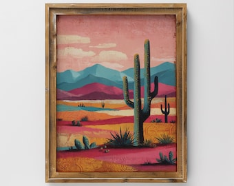 Paesaggio desertico vibrante con cactus, arte murale digitale stampabile