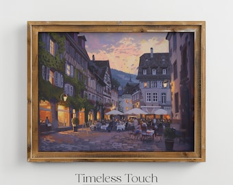Vintage European Town Square Painting: Rustic Cityscape Art (Digital Download)