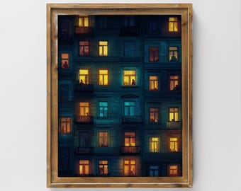 May include: A framed art print of a building at night. The teal building has many lit windows with warm yellow and orange light. Silhouettes of people are visible in some windows. The frame is a warm brown color. The text "Timeless Touch Gallery" is at the bottom.