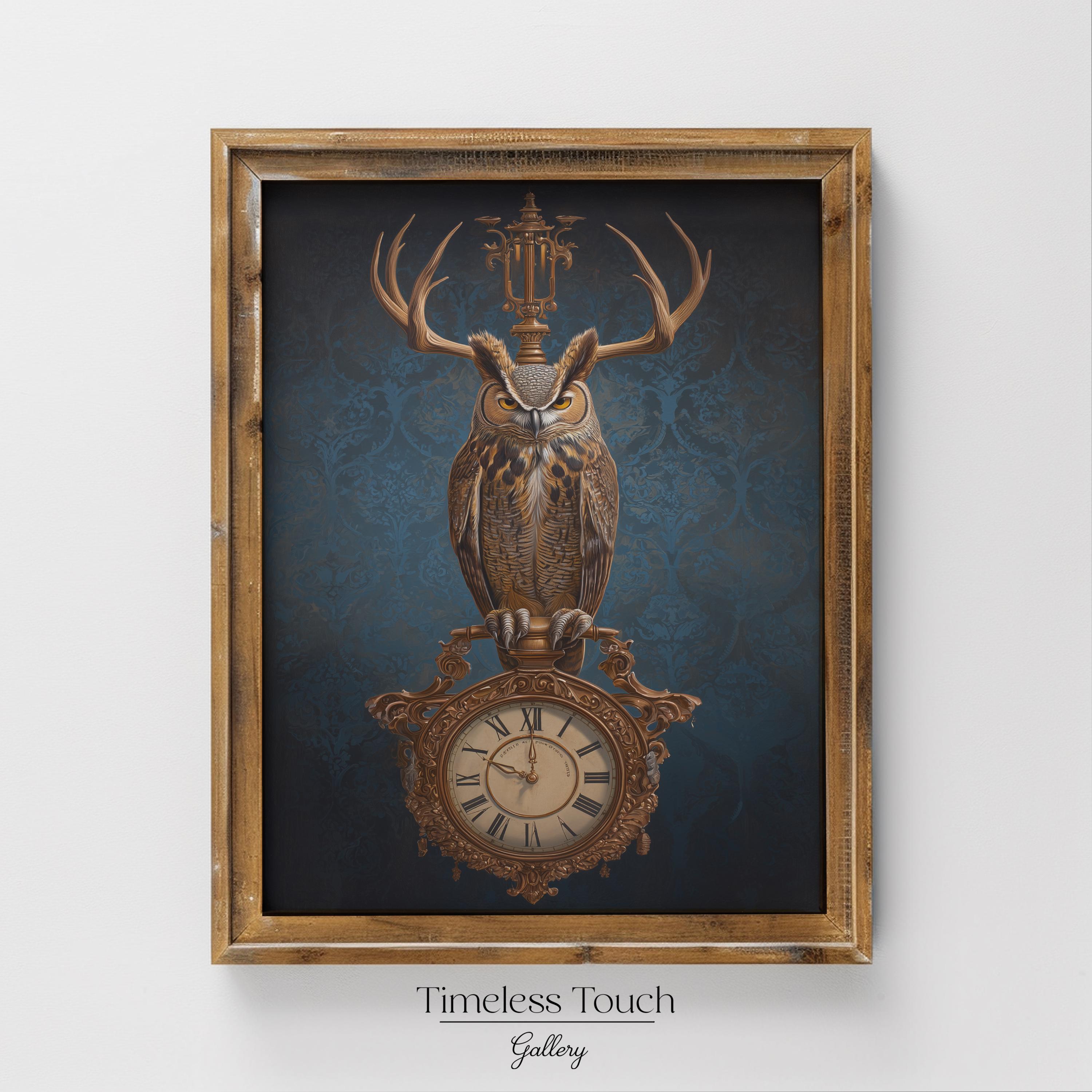 Vintage Owl and Clock Steampunk Digital Wall Art Print