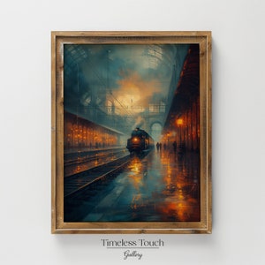 May include: A framed art print depicting a vintage train station scene. The artwork features a steam train on the tracks, with warm lighting from the station lamps reflecting on the wet platform. The print is in a wooden frame, with the text "Timeless Touch Gallery" at the bottom.
