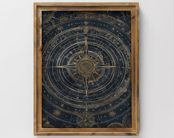 Vintage Celestial Compass Digital Art Print for Home Decor