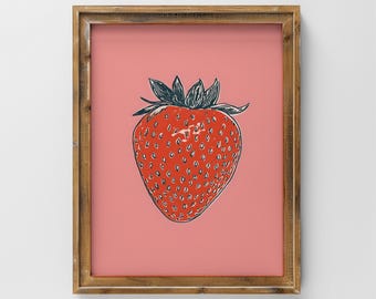 Vintage Strawberry Art Print Pink Wall Decor Digital Download