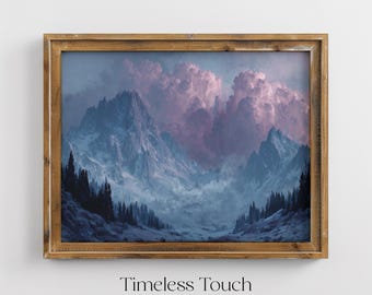 Vintage Mountain Landscape Digital Art Mystical Sky Wall Decor Print
