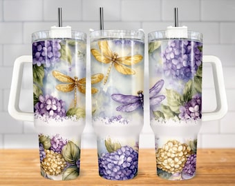 Floral Dragonfly 40oz Tumbler Wrap, Dragonflies Sublimation Tumbler Design, Hydrangea 40oz Png Digital Download, Flowers Nature 40oz Tumbler