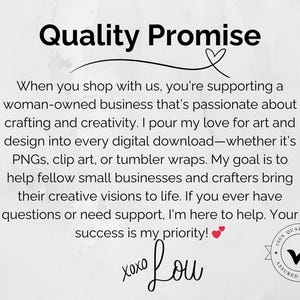 Puede incluir: Texto negro sobre fondo blanco: &laquo;Quality Promise&raquo;. El texto describe un negocio propiedad de una mujer apasionada por la artesan&iacute;a y la creatividad, que ofrece descargas digitales. Incluye un s&iacute;mbolo de coraz&oacute;n y una marca de verificaci&oacute;n.