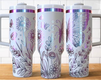 Envoltura láser SVG de mariposas florales para láser rotatorio, vaso de 40 oz con envoltura completa grabada con flores y mariposas, diseño sin costuras, descarga digital