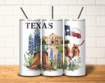Texas Tumbler Wrap Longhorn 20oz Skinny Tumbler Design Bluebonnet Sublimation 20oz Tumbler Design File Digital Download