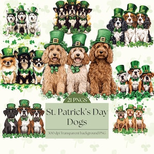 St Patricks Day Hunde Clip Art Aquarell Hund Clipart PNG Bundle St. Patrick's Day PNG Süße Hunde PNG PNG Irischer Clipart, Kleeblatt Clipart