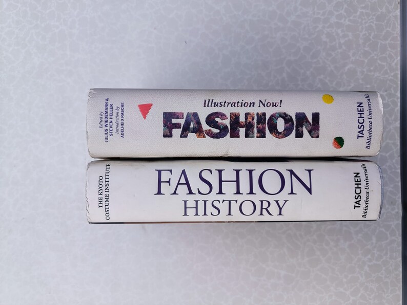 May include: Two hardback books stacked on top of each other. The top book is titled "Fashion Illustration Now!" and the bottom book is titled "Fashion History". Both books are published by Taschen.