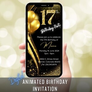 Animated 17th Birthday card pink glitter digitale geburtstagskarte frau animierte Smartphone personalized any age Invitation digital image 1