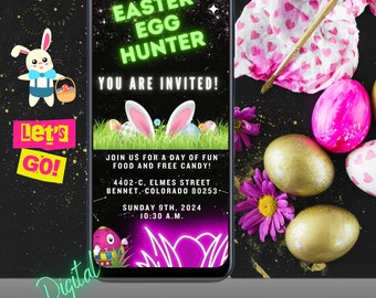 Animated Easter egg hunt invitation ecard template, editable lowing neon text, digital easter invite card send via WhatsApp  smartphone