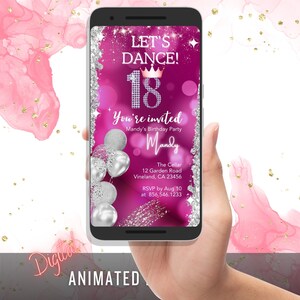 18th Birthday animated card pink glitter digitale geburtstagskarte frau animierte Smartphone personalized 16th 20th 30th Invitation digital image 1