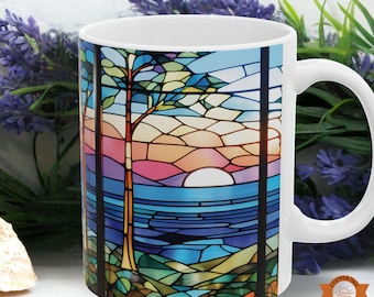 Stained Glass Horizon Mug Vibrant Art Coffee Cup Nature Glass Art Lovers Gift Stained Glass Decor Ceramic Drinkware