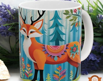 Folk Art Fox Mug Danish Decor Coffee Cup Nordic Scandinavian Lovers Gift Norwegian Animal Ceramic Drinkware