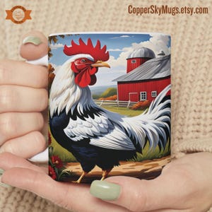 Farmhouse Rooster Mug, Country Lovers Coffee Cup, Rooster Lovers Gift, Farmlife Tea Mug, Animal Lovers Gift Mug, Red Barn Ceramic Mug